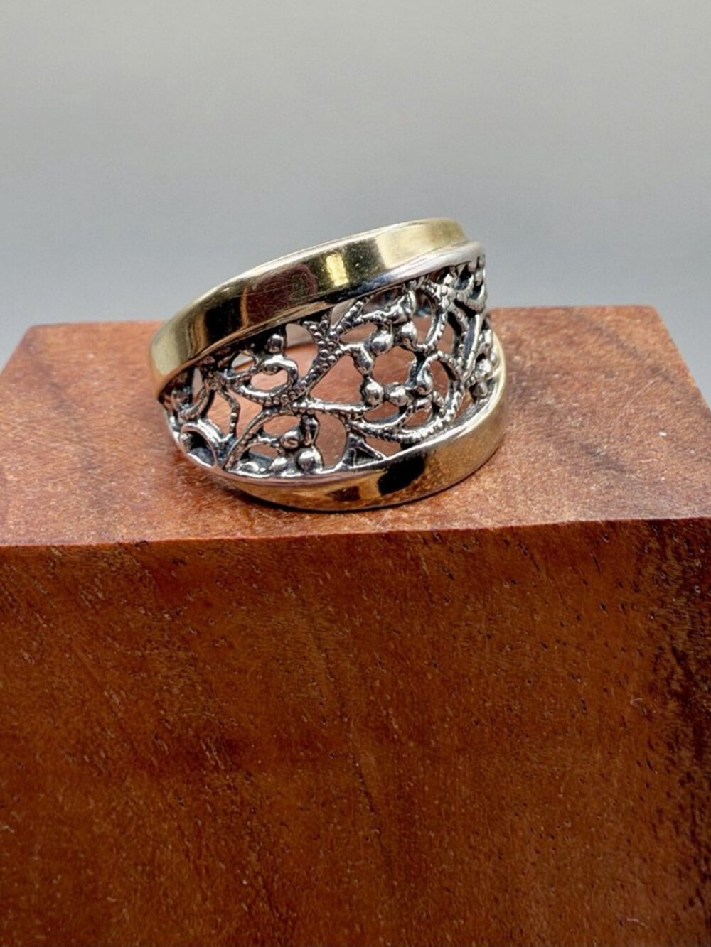 VTG PZ 925 Sterling Silver 14K Gold Openwork Vine Wide Band Ring Israel Paz Sz 7